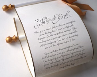 Personalized scroll for wedding vows on cream parchment paper, 5x13 inches paper size, with golden accents