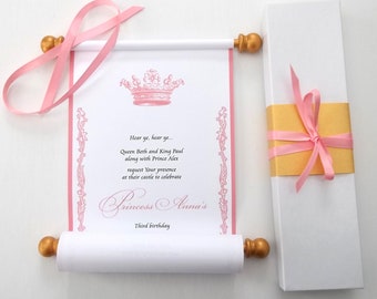 Royal princess scroll invitations, pink and gold, fairy tale royal baby shower, princess 1st birthday, set of 10 scrolls with boxes