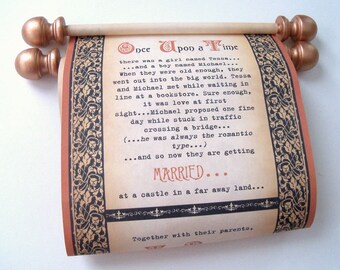 Medieval winter wedding invitation scrolls in copper and black, Once upon a time fairytale, set of 10