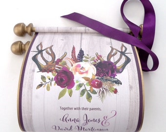 Rustic wedding invitations with boho flowers and antlers, aged gold and aubergine, set of 10