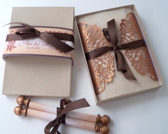 Classic wedding invitation suite with scroll and box, with decorative wrapper in copper and brown, traditional wedding invitation suite, 10