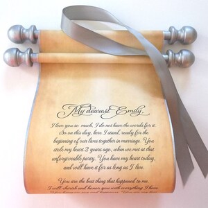 Wedding vows scroll on aged parchment paper for wedding ceremony or anniversary keepsake, silver and black, 5x12 inches paper image 2