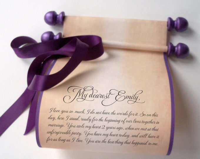 Custom message scroll with purple accents, wedding vows, anniversary, love letter, 5x12" parchment paper, with your own words