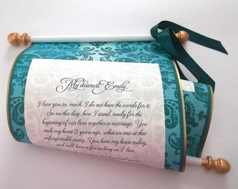 Letter scroll with personalized message in teal and gold,  8x19" paper