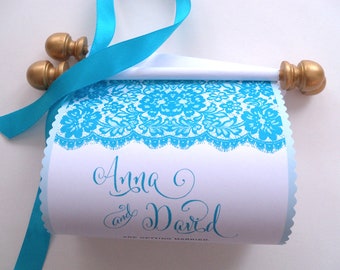 Lace wedding invitation scrolls, romantic bridal shower,  set of 10 with boxes