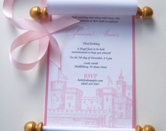Princess birthday invitation scroll with royal crown and castle, in pink and gold, set of 110, RUSH