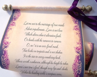 Elegant scroll with brooch, aged gold & eggplant, wedding vow, anniversary gift, 8x18" paper, blank or personalized with your own words only
