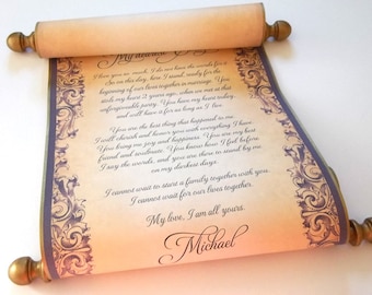 Eggplant and aged gold paper scroll, 8x18 inch aged parchment paper, personalized with your own words only