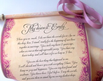 Wedding vows personalized scroll with brooch, aged gold & mauve, blank or custom, paper wedding anniversary, 8x18 inches paper