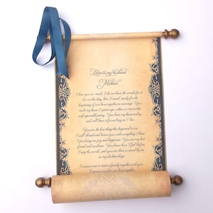 Custom Wedding Vow Scroll: Navy & Gold with Optional Brooch, 8x20 in Paper, Blank or Personalized