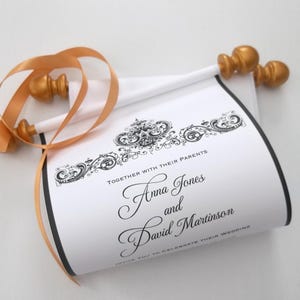 Scroll invitations with black damask design and gold accents, custom, for elegant wedding, birthday or anniversary, set of 10, optional box
