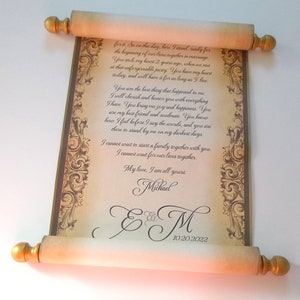 Elegant scroll with brooch, gold & brown, blank or customized, personalized gift, wedding vows or marriage announcement, 8x18" paper