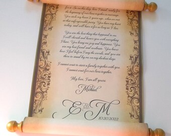 Elegant scroll with brooch, gold & brown, blank or customized, personalized gift, wedding vows or marriage announcement, 8x18" paper