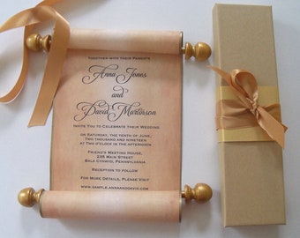 Destination castle wedding invitation scrolls with boxes, medieval wedding, castle wedding, chateaux invites, set of 25 with boxes