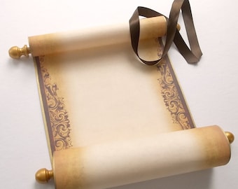 Elegant scroll with brooch, gold & brown, blank or customized, personalized gift, wedding vows or marriage announcement, 8x18" paper