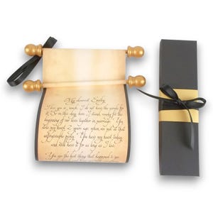 Custom Message Scroll with Gold Accents, 5x12" paper, black gift box