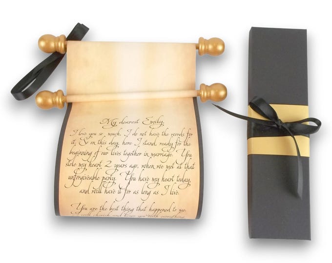 Custom message scroll, gold accents, 5x12 in paper, black gift box, handmade scroll