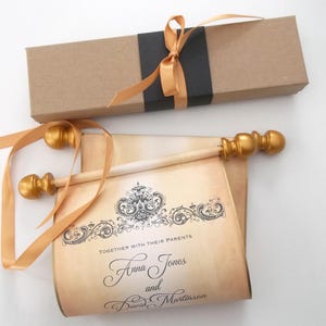 Decorative custom scroll invitations with black damask design for wedding, birthday, formal party, set of 10 scrolls with optional gift box