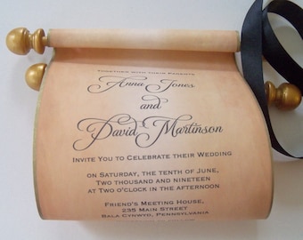 Rustic wedding invitations, invitation scroll, aged parchment paper, gold invitations, calligraphy invites, set of 10