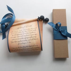 Wedding vows on scroll with gift box, 5x12&quot; paper with blue accents