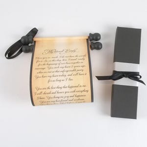 Personalized or blank scroll with black accents and gift box, 5x13" paper