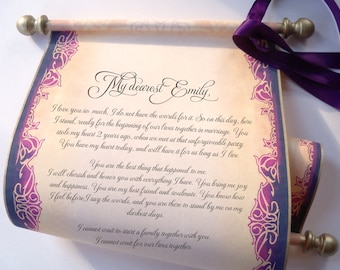 Elegant scroll with brooch, aged gold & eggplant, wedding vow, anniversary gift, 8x18" paper, blank or personalized with your own words only