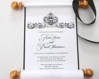 Classic black and white wedding invitation scrolls, castle destination anniversary scrolls, black tie invitations, gold accents, set of 10