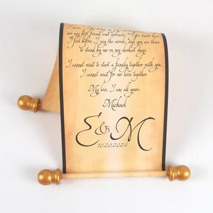 vintage style paper scroll with text, gold finials, and black edging.