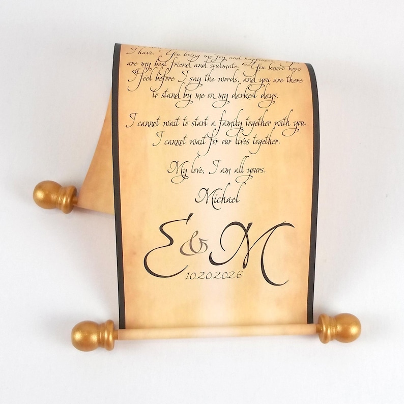 vintage style paper scroll with text, gold finials, and black edging.