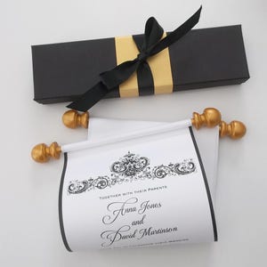 Classic black tie wedding invitation scrolls with gold accents, antique damask design, set of 10 scrolls with optional boxes