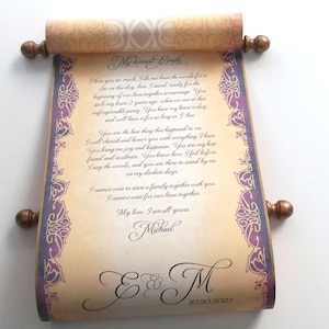 May include: A romantic scroll with a handwritten love letter on parchment paper. The scroll is decorated with gold and purple accents and features the text "My dearest Emily" and "My love, I am all yours. Michael". The scroll is dated "10.20.2023" and has the initials "E & M" at the bottom.