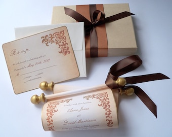 Rustic Wedding Invitation Suite, Kraft Wedding Invite, Gold, Chocolate, Copper Damask Bohemian wedding invitation scroll in a box, set of 15