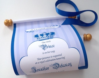 Baby shower scroll invitations, royal blue with gold, baby boy announcement, little prince, set of 10