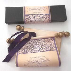 Medieval castle wedding invitation scroll in eggplant purple and gold, damask stencil design suite with small presentation box, set of 10