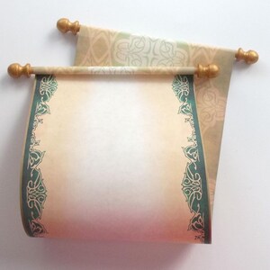 Green and gold paper scroll, 8x18 inch aged parchment paper, blank by Artful Beginnings