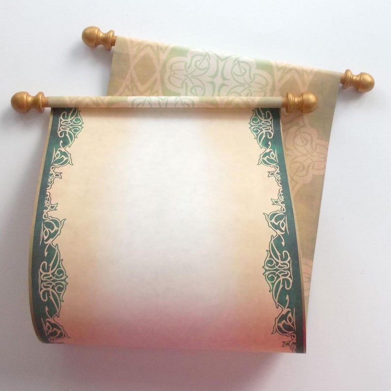 Green and gold paper scroll, 8x18 inch aged parchment paper, blank by Artful Beginnings