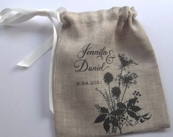 Personalized wedding ring pouch, natural linen, with wildflowers, custom printed ring bag, handmade bag