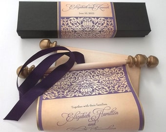 Medieval castle scroll in eggplant purple and gold, damask stencil design scroll with small presentation box