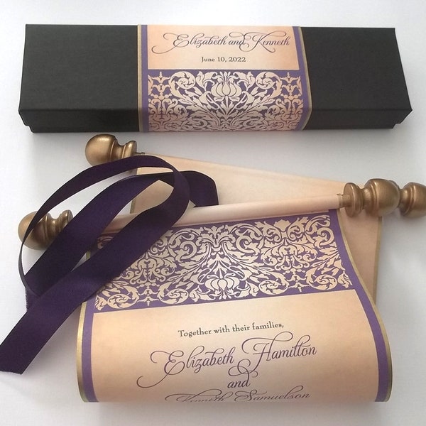 Medieval castle scroll in eggplant purple and gold, damask stencil design scroll with small presentation box