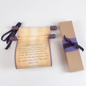 Personalized wedding vows scroll, purple accents, gift box, 5x12 in paper, handmade scroll