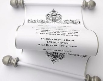 Classic black and white wedding invitations, traditional wedding invitations, elegant formal wedding invitation scrolls, set of 15