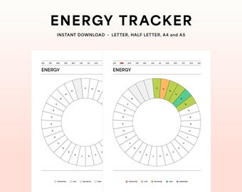 Energy Tracker, Monthly Trend Tracker, Printable Journal Page — Letter, Half Letter, A4 and A5