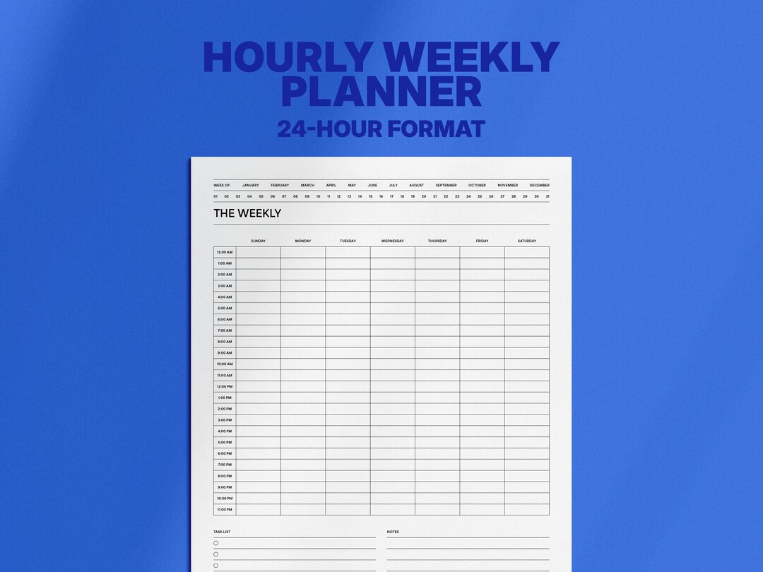 Undated Hourly Weekly Planner Printable — 24-hour Weekly Schedule Pages ...