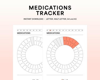 May include: Two printable medication trackers with a circle divided into 31 sections. The first tracker is blank. The second tracker has the sections from January to July filled in with a light orange color.