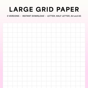 Puede incluir: Un papel cuadriculado blanco sobre un fondo rosa claro. El papel cuadriculado está dividido en cuadrados. El texto "LARGE GRID PAPER" está en la parte superior de la imagen. El texto "3 VERSIONS INSTANT DOWNLOAD LETTER, HALF LETTER, A4 and A5" está debajo del título.