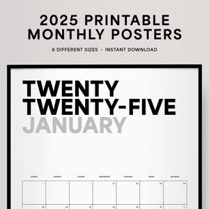 2025 Monthly Wall Calendar, Large Wall Calendar, Printable Monthly Posters