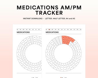 May include: Printable medication tracker with two circular charts. Each chart has a calendar with months of the year and a circle divided into 31 sections. The chart on the right has a section of the circle filled in with a light orange color.