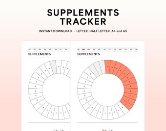 Tracker degli integratori, tracker delle abitudini mensili, pagina di diario stampabile — Lettera, mezza lettera, A4 e A5