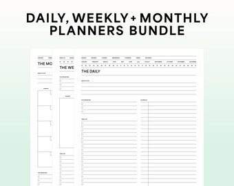Daily, Weekly and Monthly Planners Bundle, Printable Personal Planner, Minimalist Planner Set — Letter, Half Letter, A4 and A5