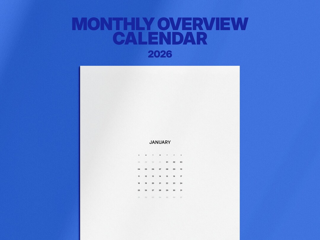 2026 Monthly Overview Calendar Printable — Minimal Reference Planner ...